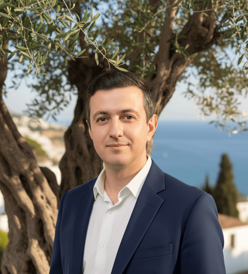 Alex Gon, host of Konaki Analipsi, among olive trees with the Aegean in the background