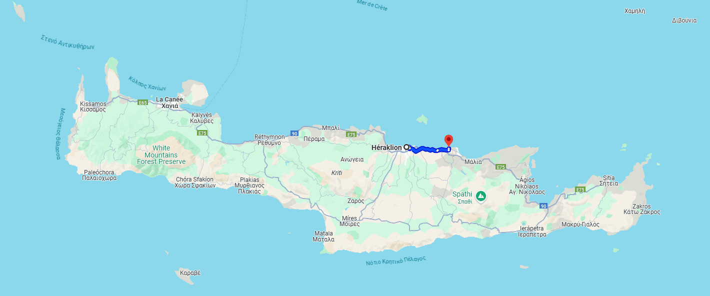 Map of Crete showing the drive from Heraklion airport to Analipsi