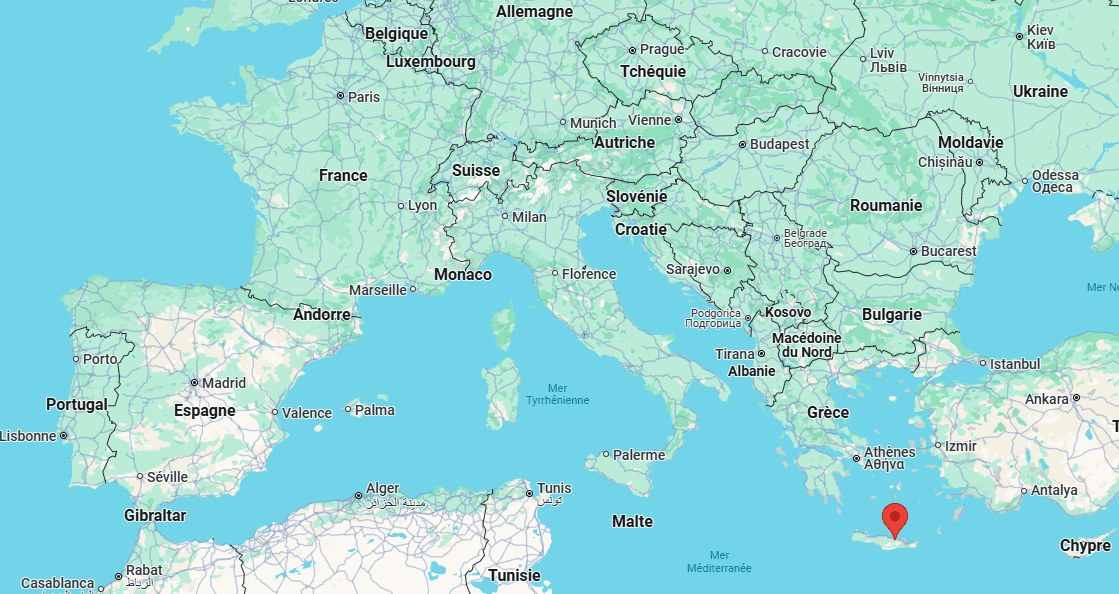 Map of Europe with Crete highlighted in the Mediterranean